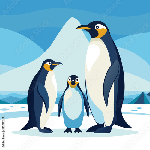 Three emperor penguins stand close together on the Antarctic ice, facing a lone smaller penguin in the distance under a clear, pale blue sky.