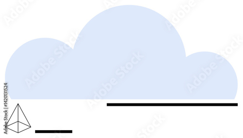 Blue cloud silhouette with geometric pyramid and horizontal bars conveys simplicity, structure, and balance. Ideal for technology, creative thinking, web services, data, organization, and clean