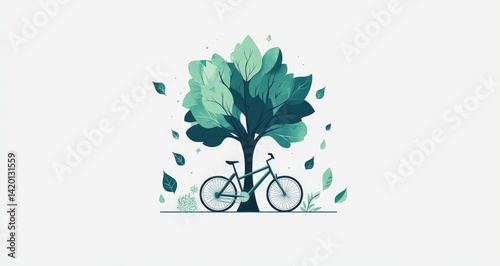 Serene Bicycle Beneath a Teal Tree: A Peaceful Nature Illustration