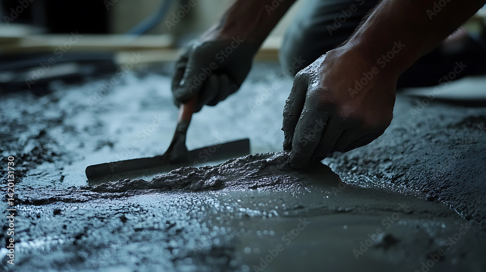 Construction worker laying concrete on a foundation. Featuring precision and strength Construction worker laying concrete on a foundation. Featuring precision and strength