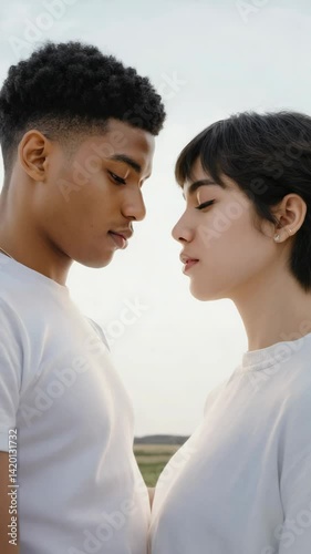 Wallpaper Mural Close-up of an African man and Asian woman wearing white shirts looking at each other pensively outdoors with shallow depth of field Torontodigital.ca