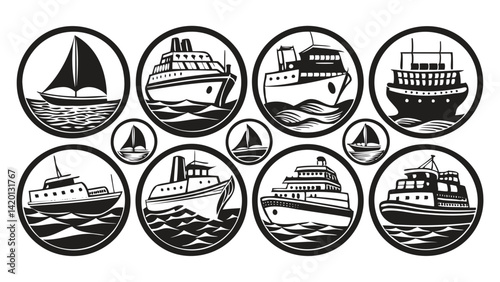Nautical Badge Icons Featuring Boats and Ships
