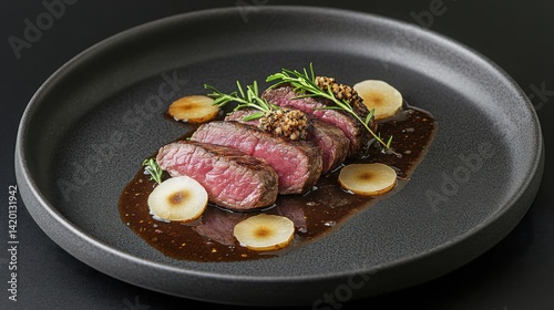 Perfectly sliced Hokkaido wagyu steak, garnished with roasted garlic slices, rosemary sprigs