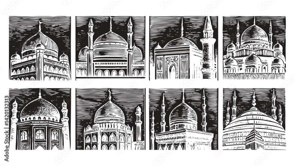 Fototapeta premium Detailed Sketches of Islamic Architecture in Vintage Style