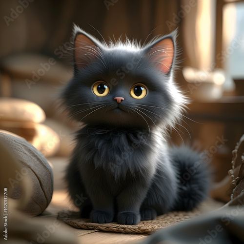 adorable gray-colored fluffy kitten with bright jewel-like eyes and tiny nose, resting in warm cozy lighting, soft textures, shallow depth of field, cute expression, whimsical pet portrait, hd