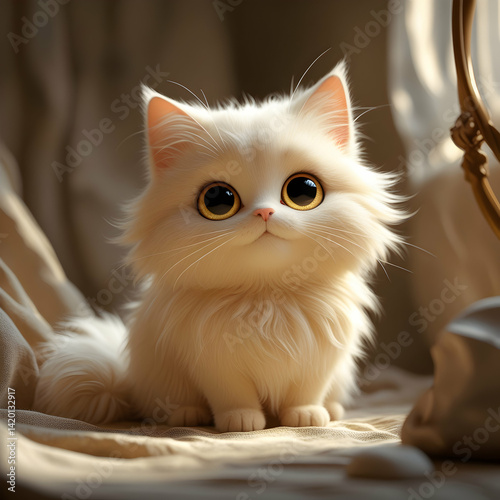 adorable cream-colored fluffy kitten with bright jewel-like eyes and tiny nose, resting in warm cozy lighting, soft textures, shallow depth of field, cute expression, whimsical pet portrait, hd