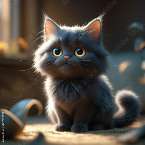 adorable gray-colored fluffy kitten with bright jewel-like eyes and tiny nose, resting in warm cozy lighting, soft textures, shallow depth of field, cute expression, whimsical pet portrait, hd