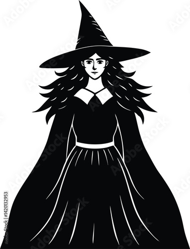 Silhouette of a Witch Figure with Hat in a Mysterious Pose