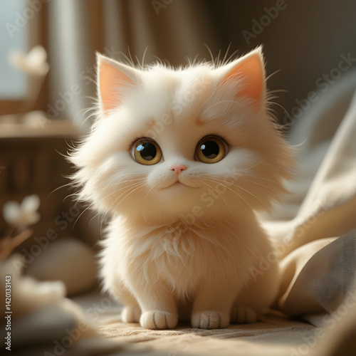 adorable cream-colored fluffy kitten with bright jewel-like eyes and tiny nose, resting in warm cozy lighting, soft textures, shallow depth of field, cute expression, whimsical pet portrait, hd