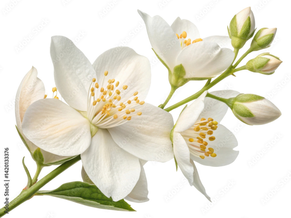 Fototapeta premium Jasmine flower blooms gracefully with delicate petals and vibrant yellow stamens, creating serene and enchanting atmosphere