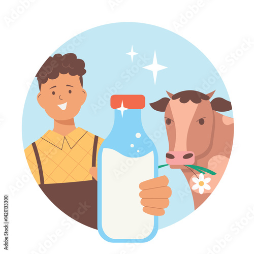Happy farmer holding bottle of fresh milk near cow. Organic dairy farming, sticker design concept for agriculture business, natural product branding.