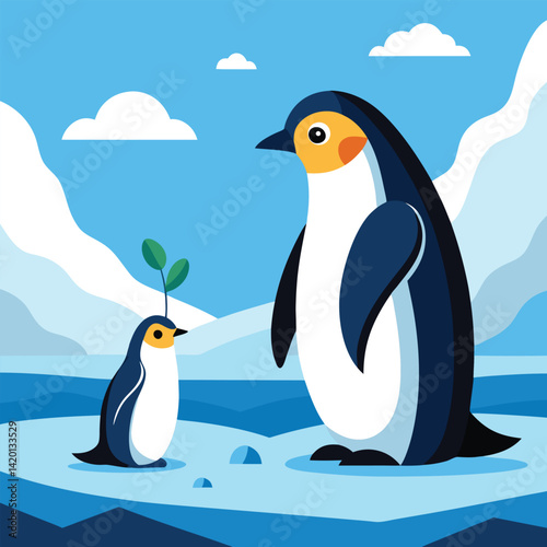 Two emperor penguins curiously observe a small plant sprouting from the Antarctic ice under a clear blue sky with a single cloud.