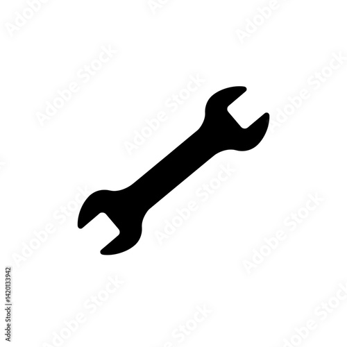 Wrench tool icon in solid black silhouette with angled open-end spanner design in flat vector minimalist style