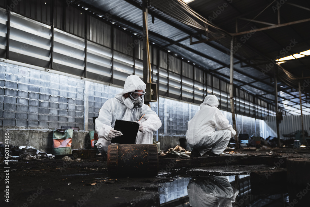 Workers in safety suits check chemicals in an old factory during a radiation emergency. Workers in safety suits check chemicals in an old factory during a radiation emergency.