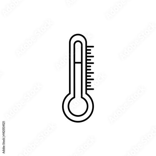 Line icon of a thermometer in thin black outline with temperature scale and rounded bulb at the bottom on a white background