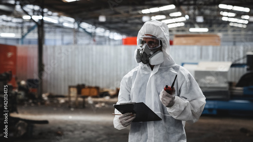 Workers in safety suits check chemicals in an old factory during a radiation emergency.