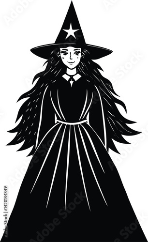 Silhouette of a Witch Figure with Hat in a Mysterious Pose