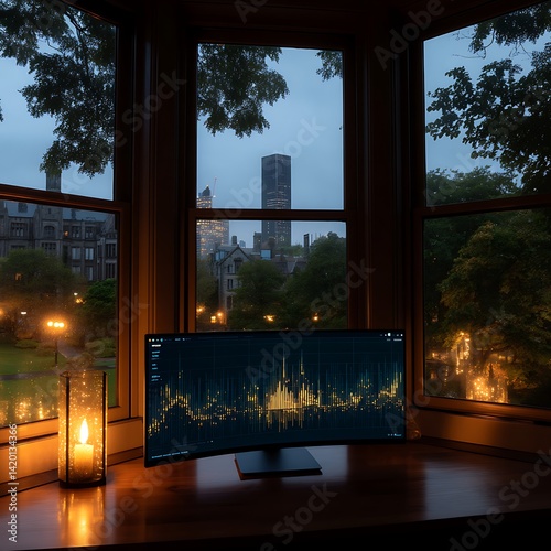 Evening Light on Display a Window View Cityscape with Candle Reflections and Tech Screen Illumination.