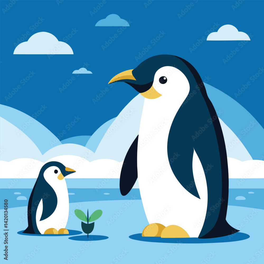 Obraz premium Two emperor penguins curiously observe a small plant sprouting from the Antarctic ice under a clear blue sky with a single cloud.