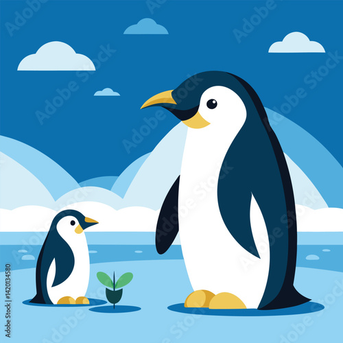 Two emperor penguins curiously observe a small plant sprouting from the Antarctic ice under a clear blue sky with a single cloud.