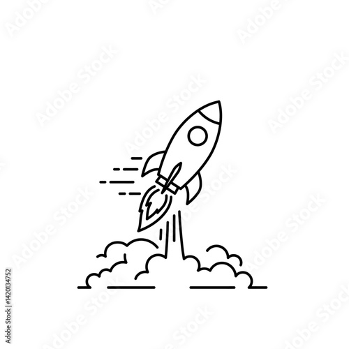 A minimalist line icon of a rocket launching, shown in black thin stroke with simple flame and smoke lines beneath