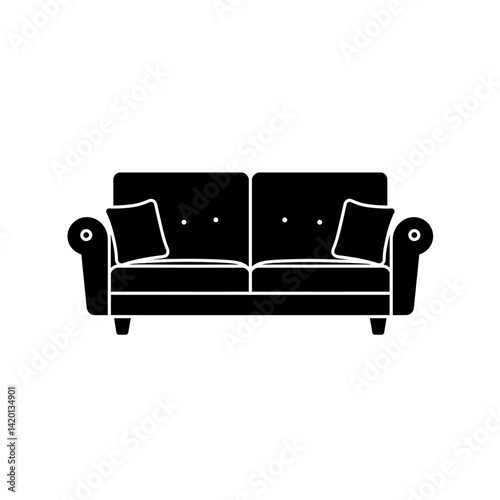 Minimal vector icon of a home sofa in black silhouette with modern cushions and clean flat armrests