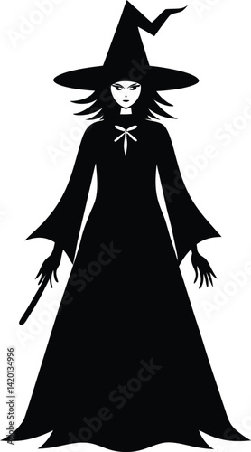 Silhouette of a Witch Figure with Hat in a Mysterious Pose