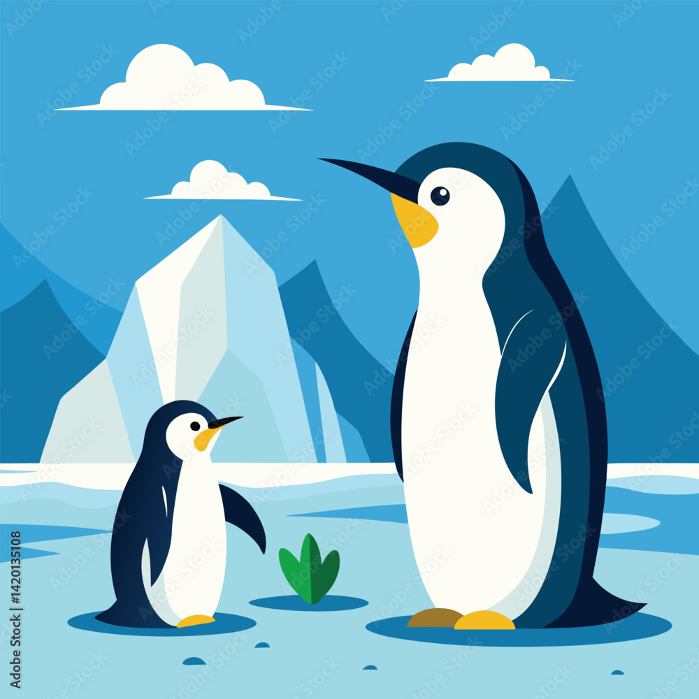 Obraz premium Two emperor penguins curiously observe a small plant sprouting from the Antarctic ice under a clear blue sky with a single cloud.