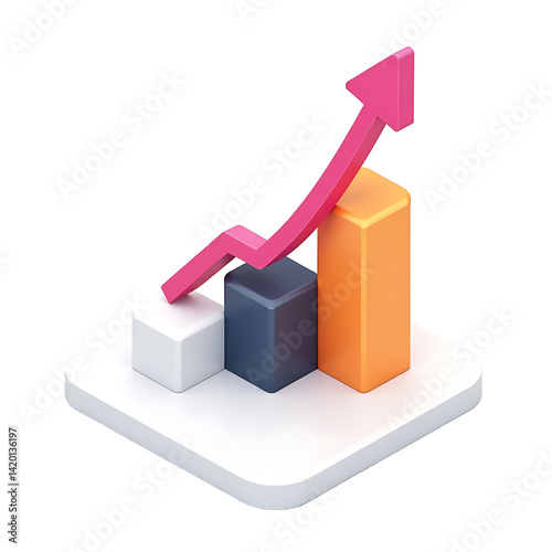 3D Isometric Growing Bar Chart with Pink Arrow