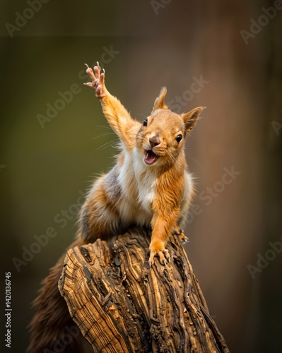 A cheerful squirrel stands on a mossy log, raising its paw in a friendly wave. The glow of sunlight filters through the trees, creating a whimsical atmosphere in the forest.