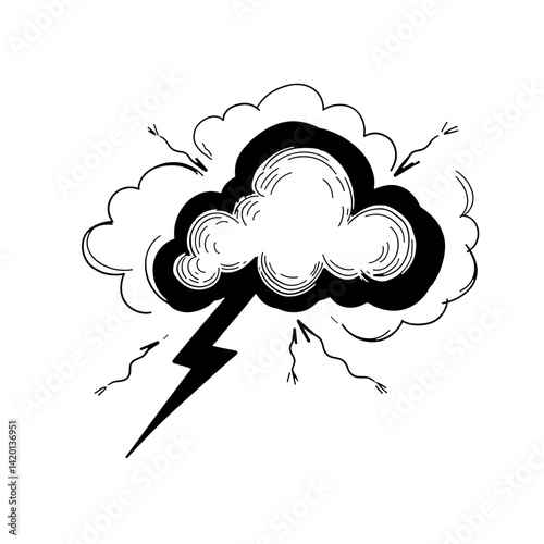 Hand-drawn sketch style of cloud being attacked by lightning bolt featuring a monochromatic color palette and organic shapes