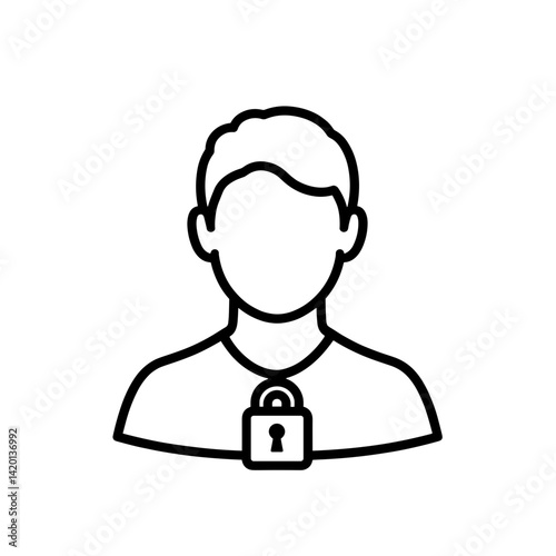 Clean and detailed line art style of user profile with padlock and secure ID badge, emphasizing clarity and precision