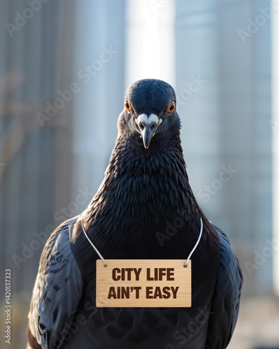 A pigeon stands proudly against a backdrop of tall buildings, showcasing a sign that humorously states the difficulties of urban living. Its piercing gaze captures the essence of city life.