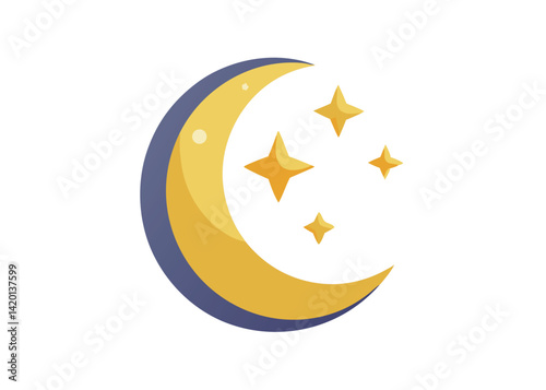 Crescent Moon with Stars in the Night Sky Vector Illustration Peaceful Lunar Landscape Scene