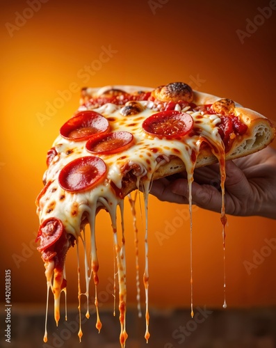 A hand holds a delicious pizza slice adorned with pepperoni and dripping cheese, set against a vibrant orange background that enhances the appetizing allure of the dish.