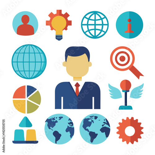 A confident businessman leading global success, symbolized by interconnectedness, innovation, and strategic planning, using bold flat icons and bright color palette.