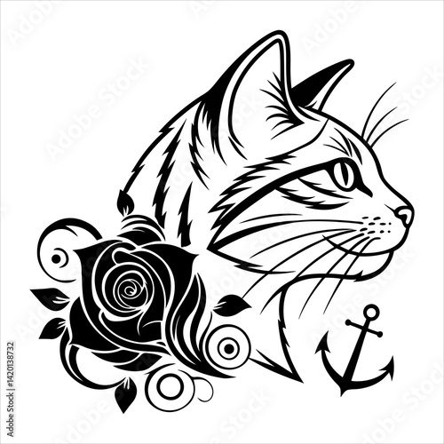 A cute cartoon vector illustration depicts a black feline cat and flower, 