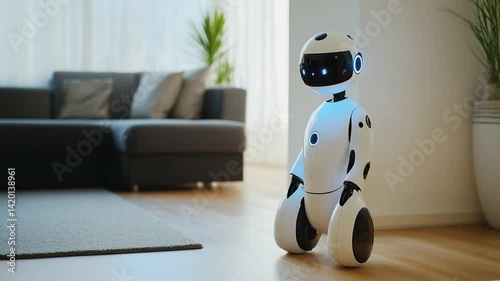 Futuristic Smart Home Assistant Robot Navigating Modern Living Room, home automation technology