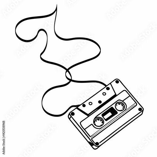Unraveling Cassette Tape – Retro Audio Line Art Illustration