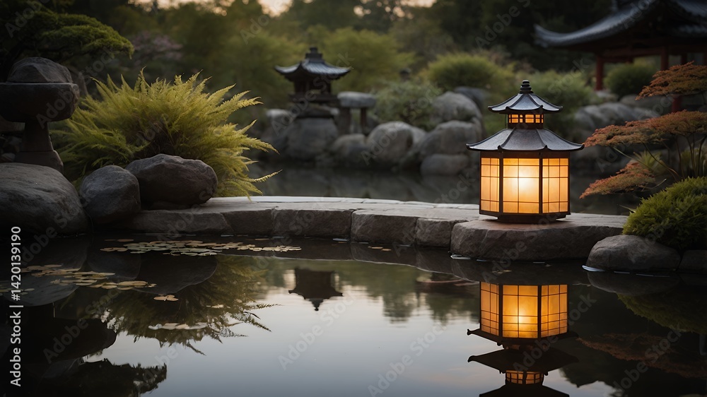 Illuminated Lantern Reflecting in Peaceful Pond Surrounded by Garden Illuminated Lantern Reflecting in Peaceful Pond Surrounded by Garden