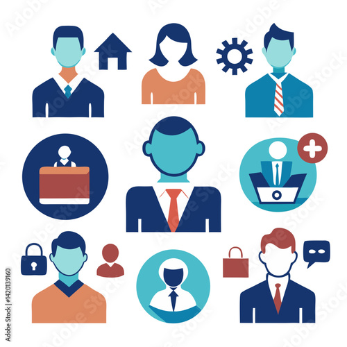 A diverse team of professionals collaborating towards shared goals, showcasing their skills and expertise with a flat, minimalist design style.