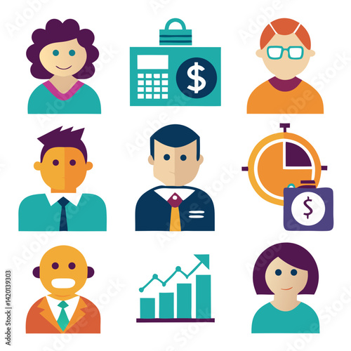 A diverse team of professionals working together towards financial success, depicted in a vibrant flat design style with bold colors and simple icons.