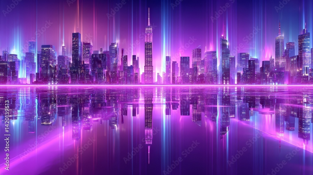 Dazzling neon lights and reflections illuminate the city skyline at night vibrant Dazzling neon lights and reflections illuminate the city skyline at night vibrant