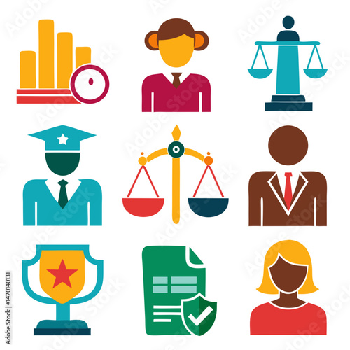 A vibrant collection of diverse professionals showcasing legal expertise, achievement, and timely data analysis using bold, flat-design icons.