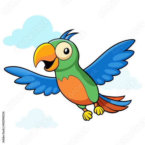 A cute cartoon illustration depicts a blue and yellow macaw parrot, 