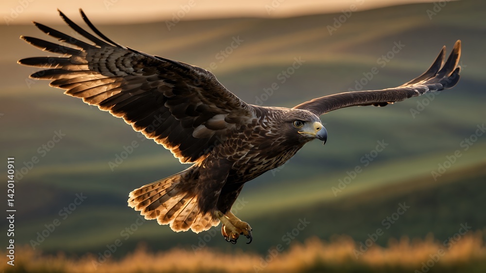 Fototapeta premium Eagle Flying Above Hilly Landscape with Wings Spread at Sunset