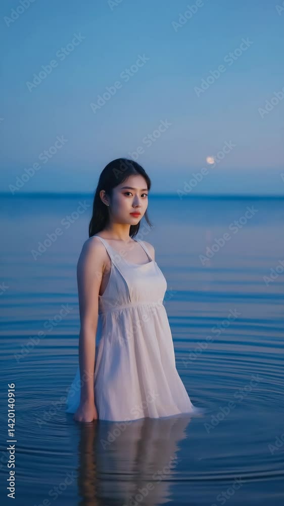 Woman in white dress standing in shallow water, enjoying the peaceful sunset at dusk, moon visible in the serene blue sky. Woman in white dress standing in shallow water, enjoying the peaceful sunset at dusk, moon visible in the serene blue sky.