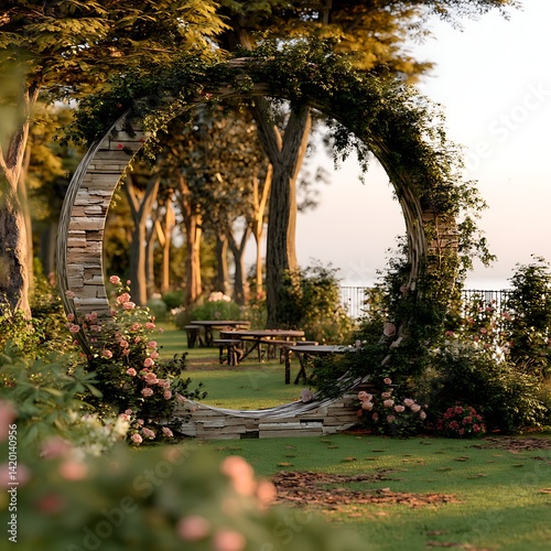Floral Archway Ceremony Venue Landscape with Rustic Seating in Scenic Outdoor Garden Setting.