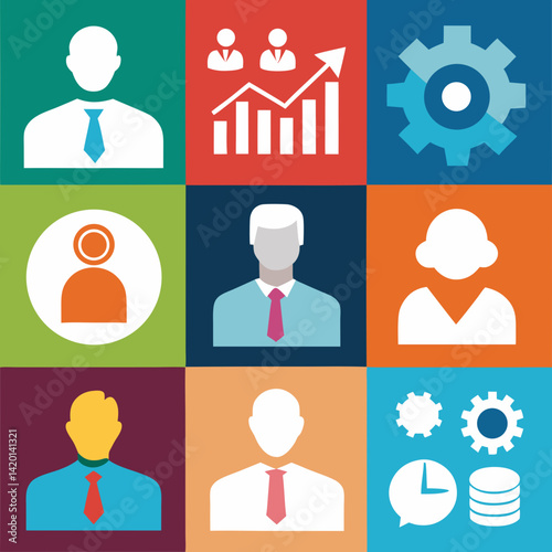 A vibrant team of diverse professionals collaborating on growth and innovation, depicted in flat design with bold colors and simple icons.