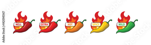 Hot spicy level labels of vector jalapeno, chili, cayenne peppers with fire flames. Spicy food or sauce taste scale indicators, green, red, yellow and orange rating signs for hot, extra and mild taste